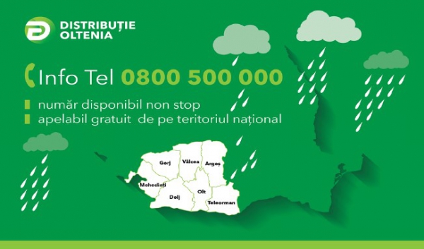 Distribuţie Oltenia informează: echipele operatorului sunt în  permanenţă în teren pentru  remedierea incidentelor  provocate de condiţiile meteo  deosebite în judeţele Argeş, Dolj, Gorj, Mehedinţi, Olt, Teleorman şi Vâlcea