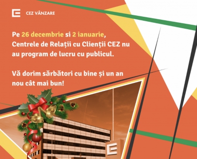 Centrele de Relații cu Utilizatorii Distribuție Oltenia nu vor avea program de lucru cu publicul în zilele de 26 decembrie 2022 și 02 ianuarie 2023, reluându-și activitatea în data de 27 decembrie 2022, respectiv 3 ianuarie 2023